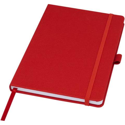 A5 notebook with cover made of RPET fabric. Features 80 sheets 70 g/m2 recycled paper with lined layout, a pen loop, and ribbon marker. Can be combined with the 107757 Honua RPET ballpoint pen.