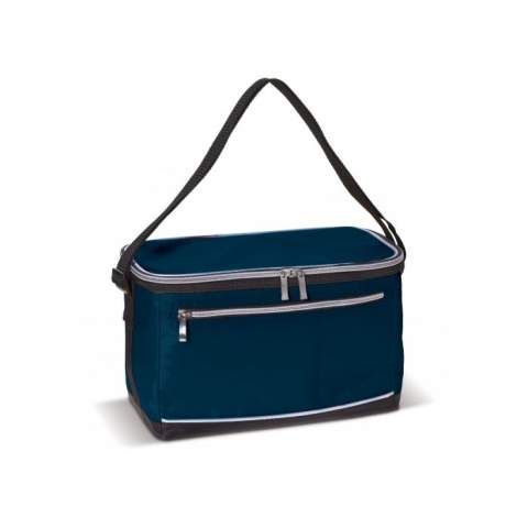 Polyester cool bag with adjustable handle (1200x30mm). One big cooler compartment and a small pocket on the front. Both with zipper closure.