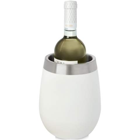 Doppelwandiger Weinkühler aus Edelstahl mit einer farbigen Außenschicht. Die innere Stahlschicht ist leicht zu reinigen und hält den Wein angenehm kühl. 