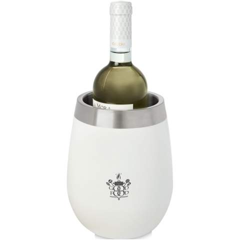 Double-walled stainless steel wine cooler with a colourful outer layer. The interior steel layer is easy to clean and keeps the wine nice and chilled. 