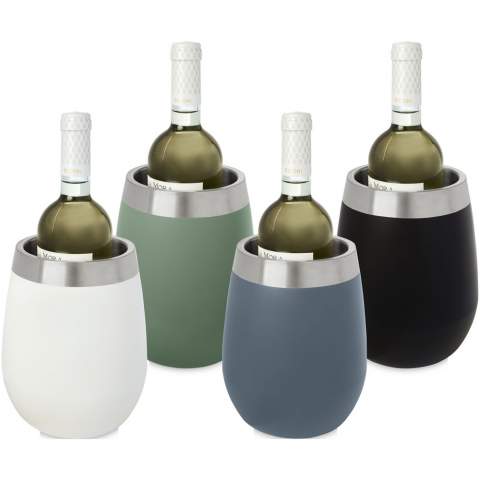 Doppelwandiger Weinkühler aus Edelstahl mit einer farbigen Außenschicht. Die innere Stahlschicht ist leicht zu reinigen und hält den Wein angenehm kühl. 