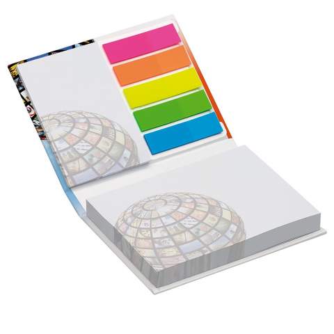 Upgrade the combi notes with a hard-backed cover, for an executive corporate gift at a great price. Includes 100 sheets (80g/m2) of sticky notes, size: 100x75mm, and 25 sheets (80g/m2) sticky notes, size: 50x75mm. Includes 5 sets of 20 neon coloured page markers. Cover is digitally printed with gloss or matt lamination.