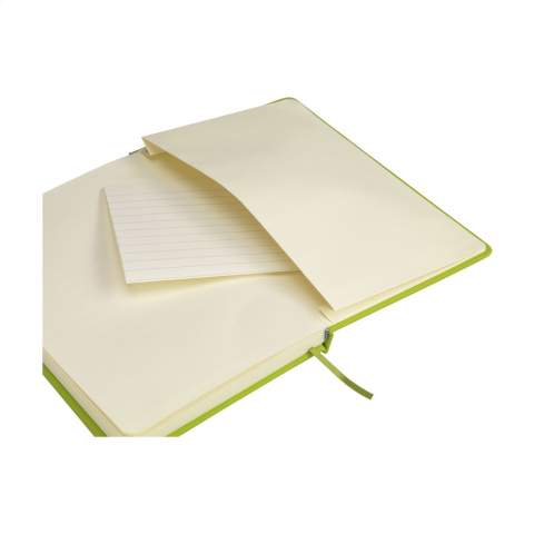 Notebook in A5 format with approx. 96 sheets/192 pages pages of cream coloured, lined paper (80 g/m²). With a perfect binding, hard cover, pocket, elastic fastener and silk ribbon.