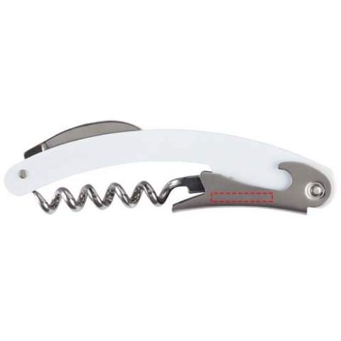 Stainless steel waitress knife with a coloured body featuring a foil cutter and bottle opener.