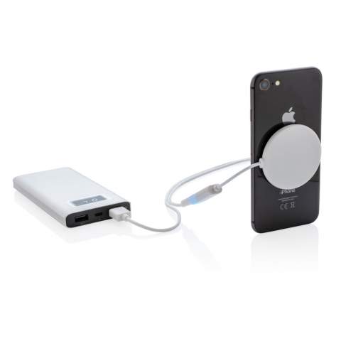 Never run out of power when binge-watching your favorite TV show or taking on your friends on the latest mobile games. This 5W wireless charger has cleverly designed secure suction pads to stick on the back of your mobile phone to provide new energy to your phone. The design allows you to hold your phone horizontally without the cable disturbing your grip. Use wherever you are: at home, on the plane train or backseat of the car. Including 120cm micro USB cable to connect it to any USB power source like a USB charger or powerbank. ABS material. Compatible with all QI enabled devices like Android latest generation, iPhone 8 and up. Input: 5V/1,5A. Wireless Output: 5V/1A, 5W.