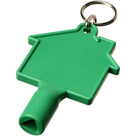 Utility key with keychain for items such as radiators, meterboxes, street poles. The dimensions for the opening is a triangular shape with 8 mm edges.