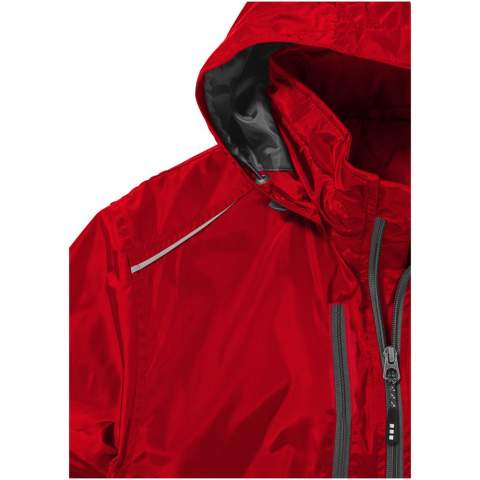 1000 mm Water resistant. Elastic drawstring with adjustable cord lock. Adjustable cuffs with hook and loop closure. Detachable hood. Inside pocket . Shaped seams and tapered waist for flattering fit. Chest pocket with zipper closure. Hand pockets with zippers. Reflective details. Centre front contrast coil zipper.