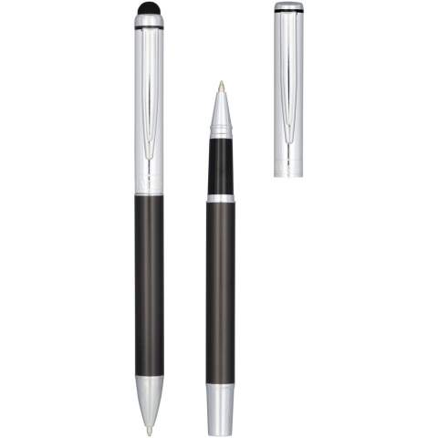Exclusively designed pen set consisting of a stylus ballpoint pen and rollerball pen. Both pens feature a graphite bottom barrel complemented with a polished chrome upper barrel. Incl. a premium black ink refill and rubberized stylus tip ideal for touchscreens such as tablets and smartphones. Packed in a ''LUXE'' gift box (17x5.5x3cm).