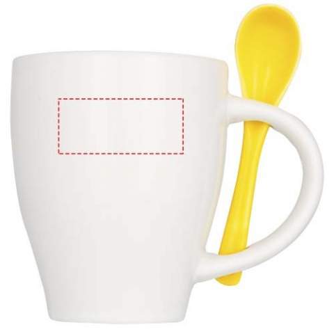 Trendy design ceramic mug with integrated spoon holder in the handle. Mug has coloured inner with matching colour spoon. Dishwasher safe in accordance with EN12875-1 (at least 125 washing cycles) for all decoration methods. Volume capacity is 250ml. Presented in a white carton box.
