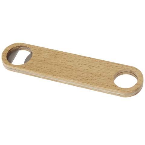 Bottle opener made of stainless steel with wooden surface. Features a hanger on the handle.
