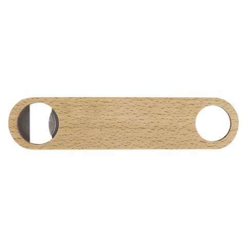 Flesopener van roestvrijstaal met houten oppervlak. Voorzien van een hanger aan het handvat.