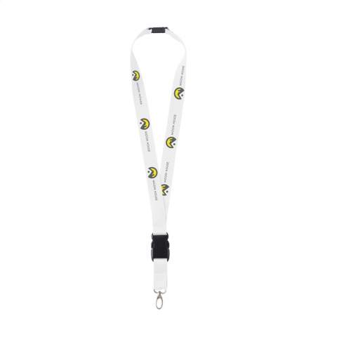 Lanyard made of strong woven polyester, with metal carabiner hook and plastic safety clasp. The lower section is detachable using the quick release click system.