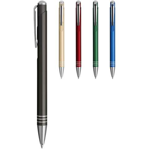 Ballpoint pen with click action mechanism and knurled pattern pusher.