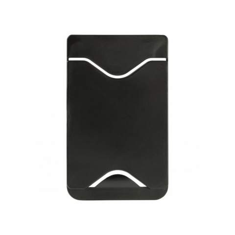 Plastic card holder, which can be easily attached to the back of a smartphone. The card holder offers a nice imprint space.