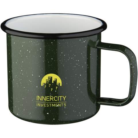 This classic, lightweight mug with enamel-look finish is perfect for camping, picnics and everyday use. Single-wall construction. This item may have small imperfections that add to its character due to the fact that it is hand made. Volume capacity is 475 ml.