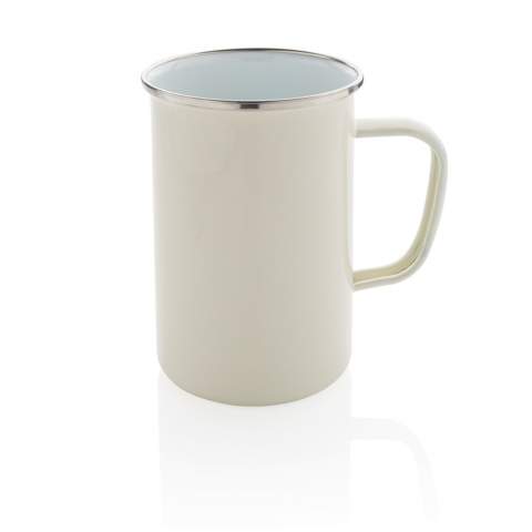 This lightweight extra large enamel mug is perfect for camping, picnics and everyday use. Single-wall construction. This hand made item may have small imperfections but this only adds to its character. Content: 680 ml.