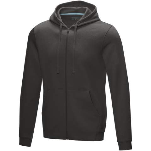 Sustainable promotional apparel. Centre front GRS certified coil zipper. GOTS certified drawstring in hood. Kangaroo pocket. Brushed on the inside. Flat knit rib cuffs. Flat knit rib bottom hem. Bi-coloured branded necktape. Half moon. Heat transfer main label for tagless comfort.