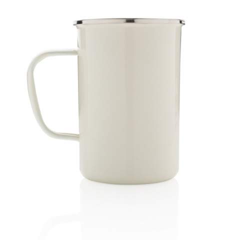 This lightweight extra large enamel mug is perfect for camping, picnics and everyday use. Single-wall construction. This hand made item may have small imperfections but this only adds to its character. Content: 680 ml.
